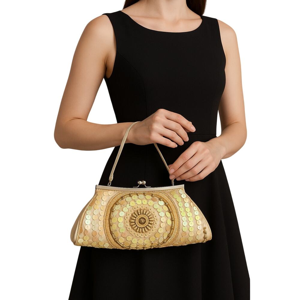 Bijoux Terner Beaded Sequin Evening Bag Champagne Gold Satin Purse Y2K